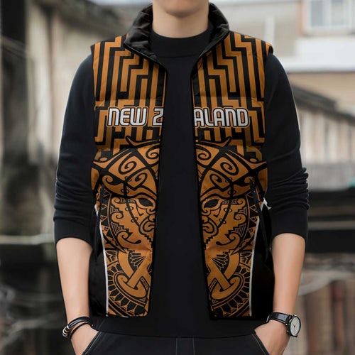 Custom Basketball New Zealand Sleeveless Puffer Jacket Gold Maori Ta Moko Indigenous - Aussie Hoodie
