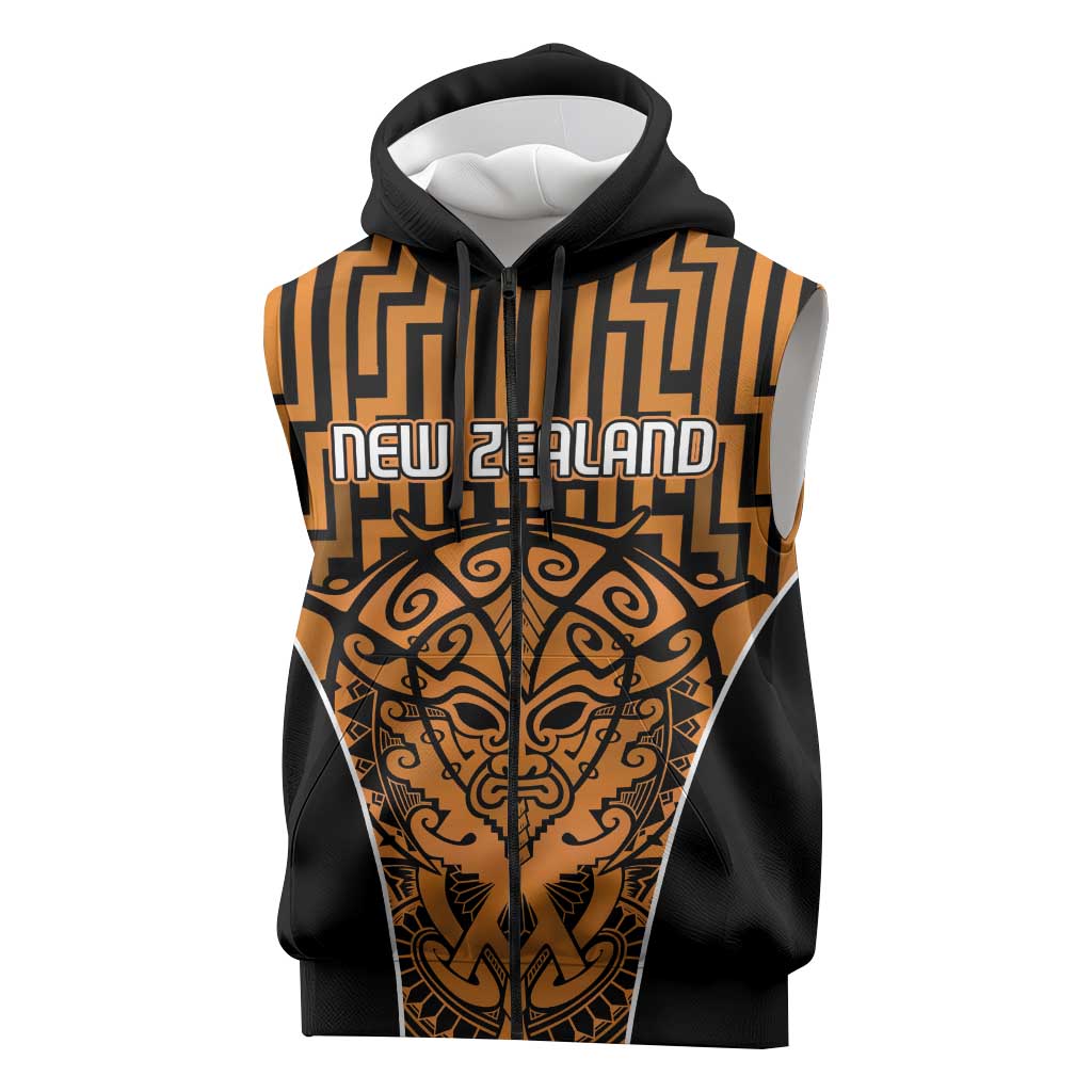 Custom Basketball New Zealand Sleeveless Zip Hoodie Gold Maori Ta Moko Indigenous LT9