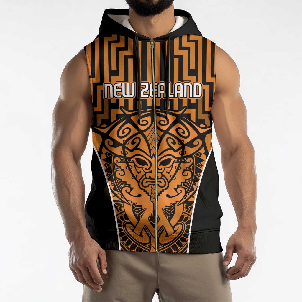Custom Basketball New Zealand Sleeveless Zip Hoodie Gold Maori Ta Moko Indigenous - Aussie Hoodie