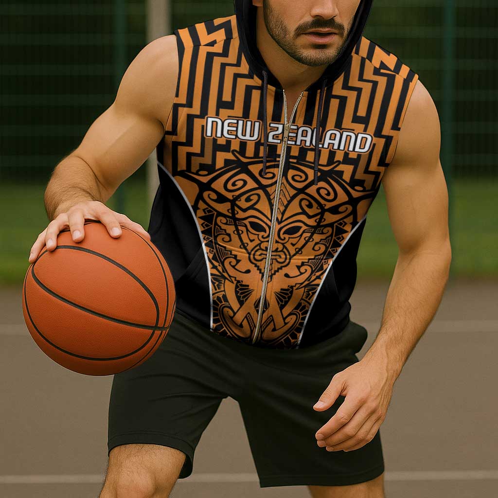 Custom Basketball New Zealand Sleeveless Zip Hoodie Gold Maori Ta Moko Indigenous - Aussie Hoodie