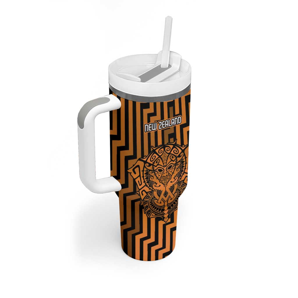 Custom Basketball New Zealand Tumbler With Handle Gold Maori Ta Moko Indigenous - Aussie Hoodie