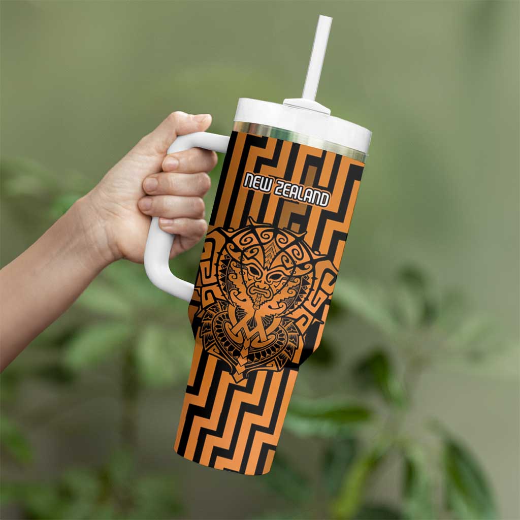 Custom Basketball New Zealand Tumbler With Handle Gold Maori Ta Moko Indigenous - Aussie Hoodie