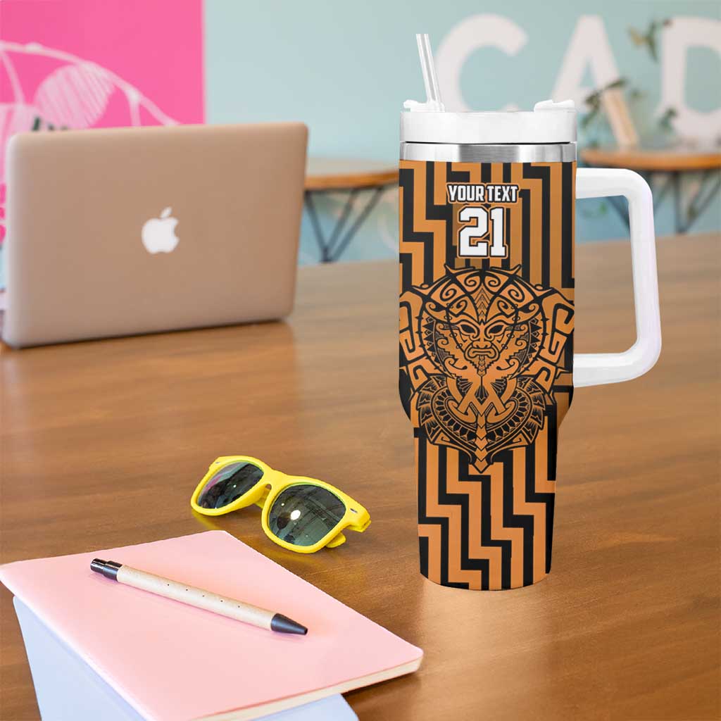 Custom Basketball New Zealand Tumbler With Handle Gold Maori Ta Moko Indigenous - Aussie Hoodie