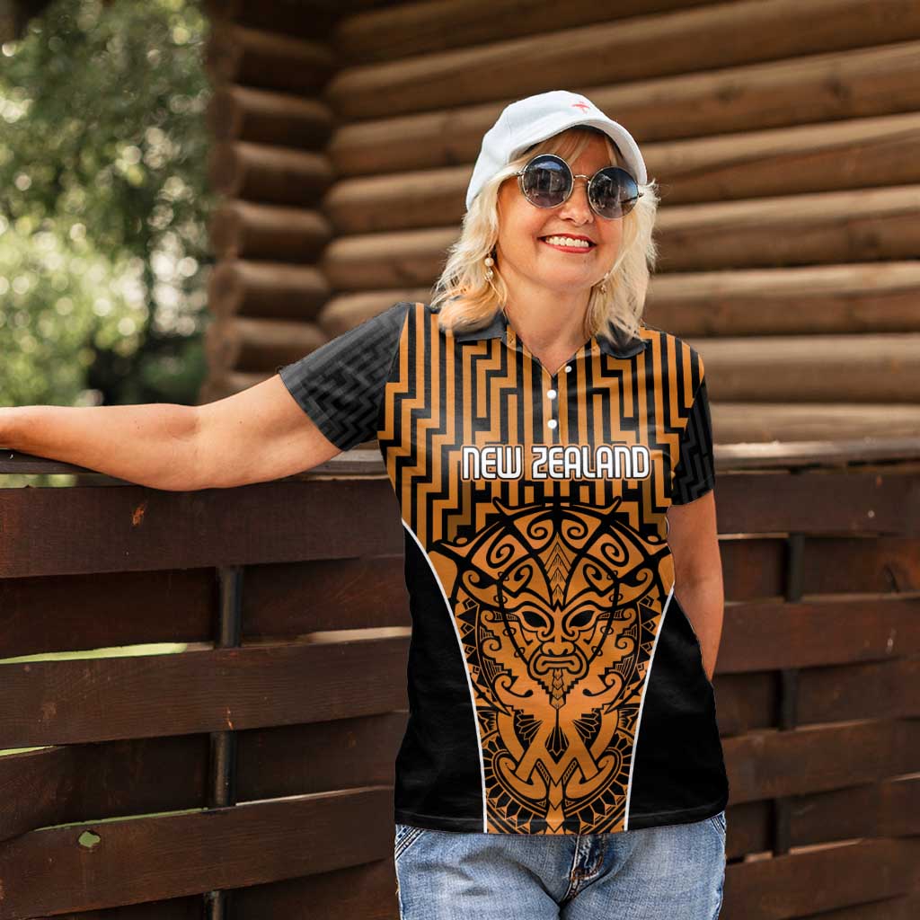 Custom Basketball New Zealand Women Polo Shirt Gold Maori Ta Moko Indigenous - Aussie Hoodie