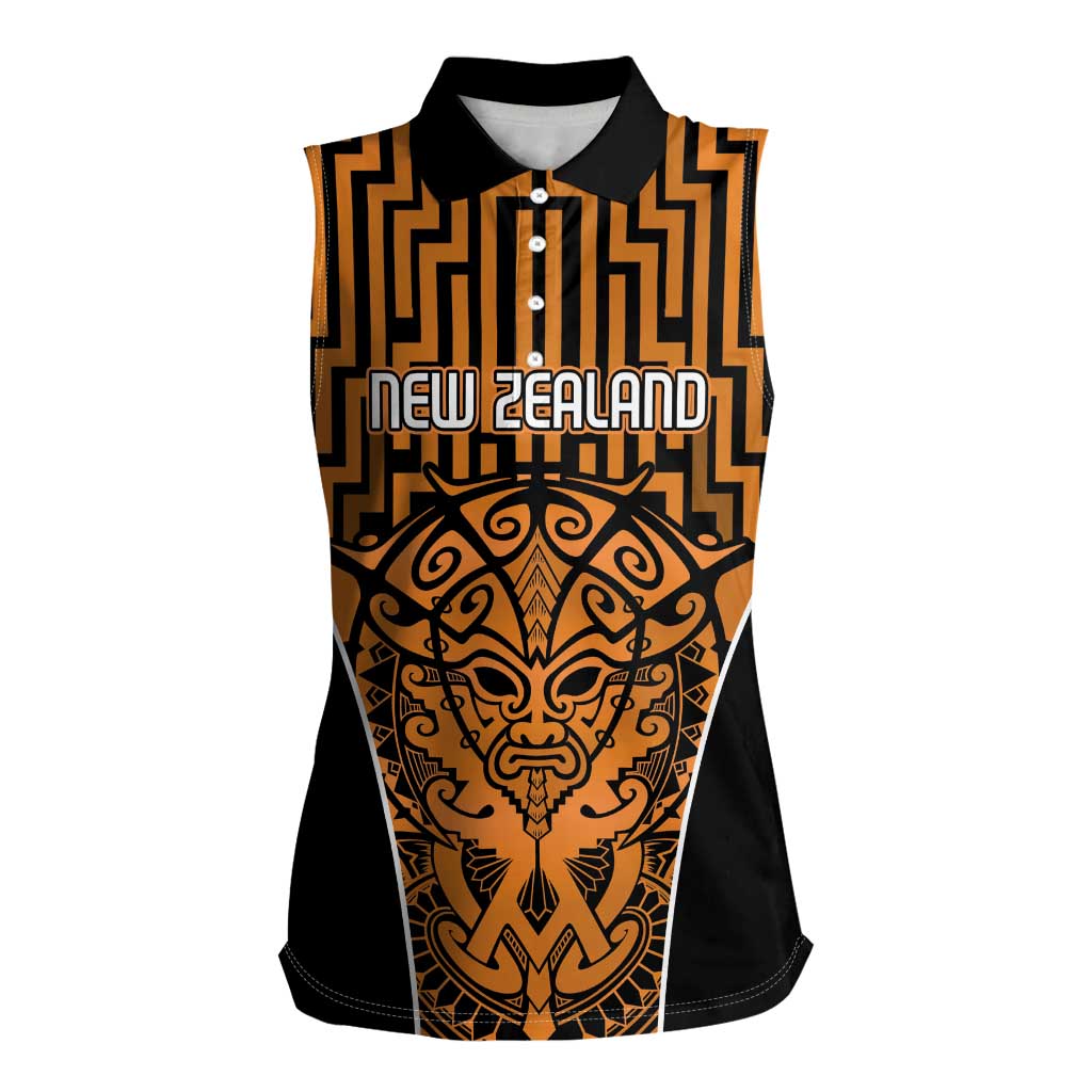 Custom Basketball New Zealand Women Sleeveless Polo Shirt Gold Maori Ta Moko Indigenous - Aussie Hoodie