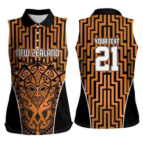 Custom Basketball New Zealand Women Sleeveless Polo Shirt Gold Maori Ta Moko Indigenous - Aussie Hoodie