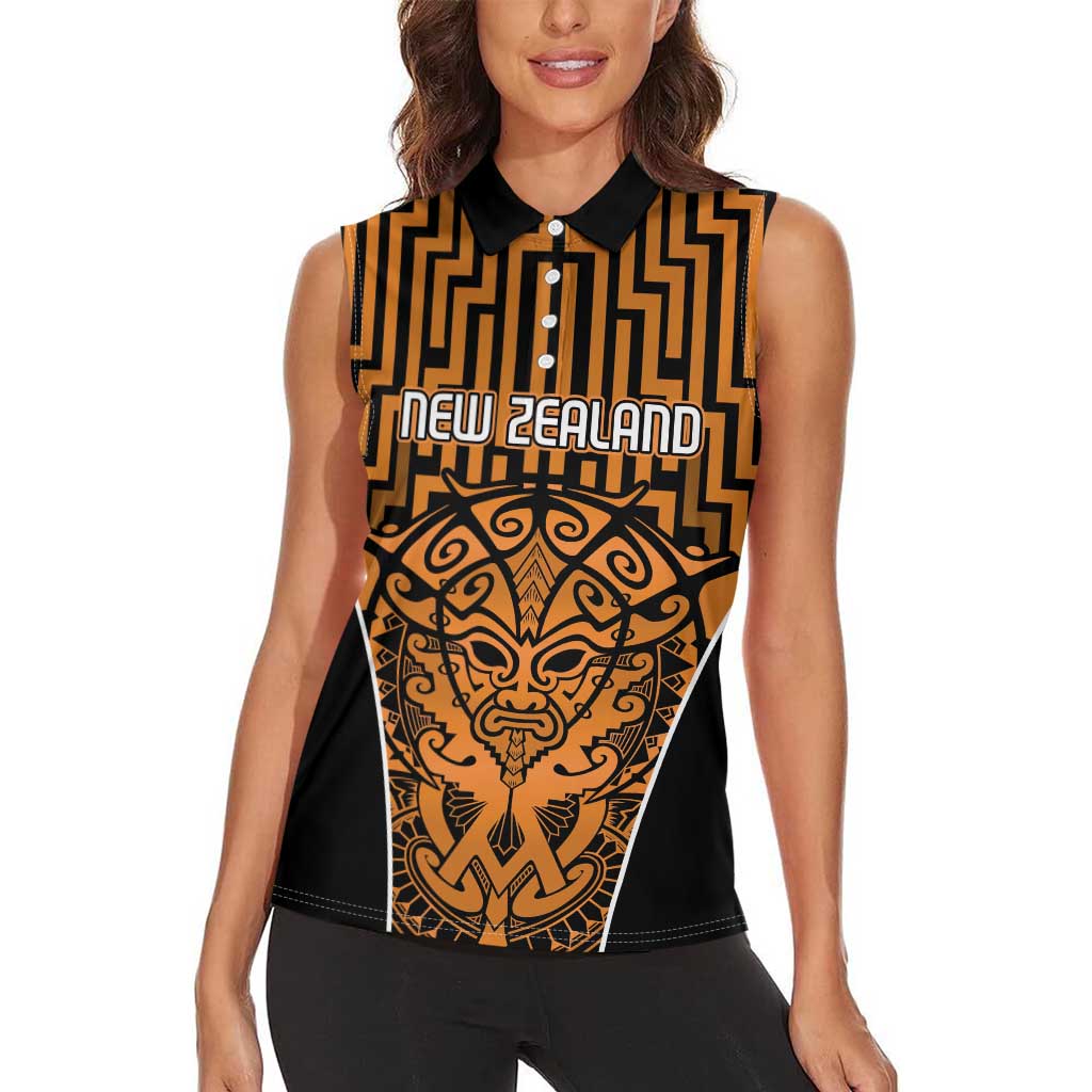 Custom Basketball New Zealand Women Sleeveless Polo Shirt Gold Maori Ta Moko Indigenous - Aussie Hoodie