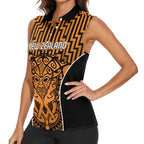 Custom Basketball New Zealand Women Sleeveless Polo Shirt Gold Maori Ta Moko Indigenous - Aussie Hoodie