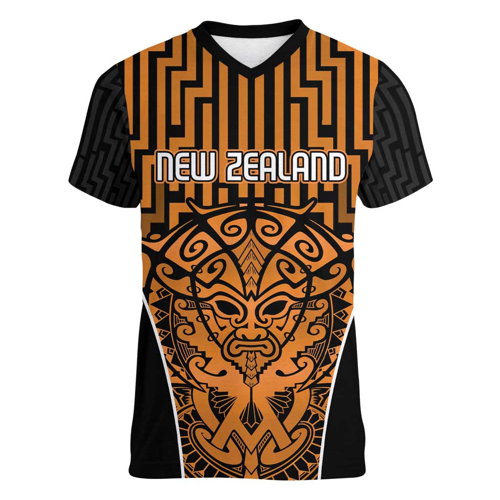 Custom Basketball New Zealand Women V-Neck T-Shirt Gold Maori Ta Moko Indigenous - Aussie Hoodie
