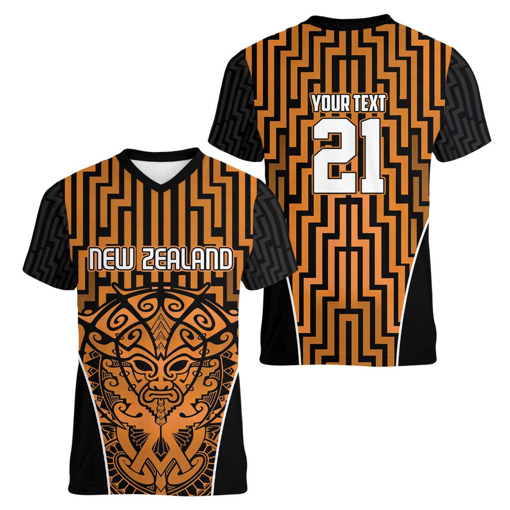 Custom Basketball New Zealand Women V-Neck T-Shirt Gold Maori Ta Moko Indigenous - Aussie Hoodie
