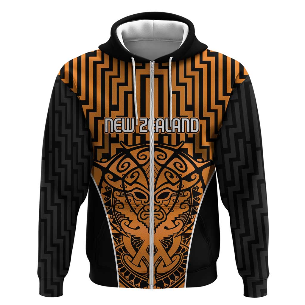 Custom Basketball New Zealand Zip Hoodie Gold Maori Ta Moko Indigenous - Aussie Hoodie