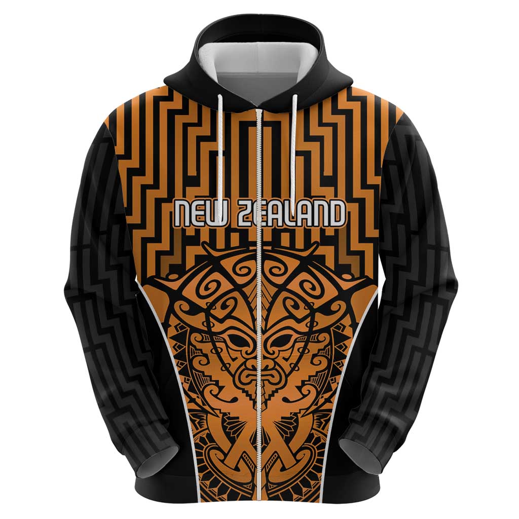 Custom Basketball New Zealand Zip Hoodie Gold Maori Ta Moko Indigenous - Aussie Hoodie