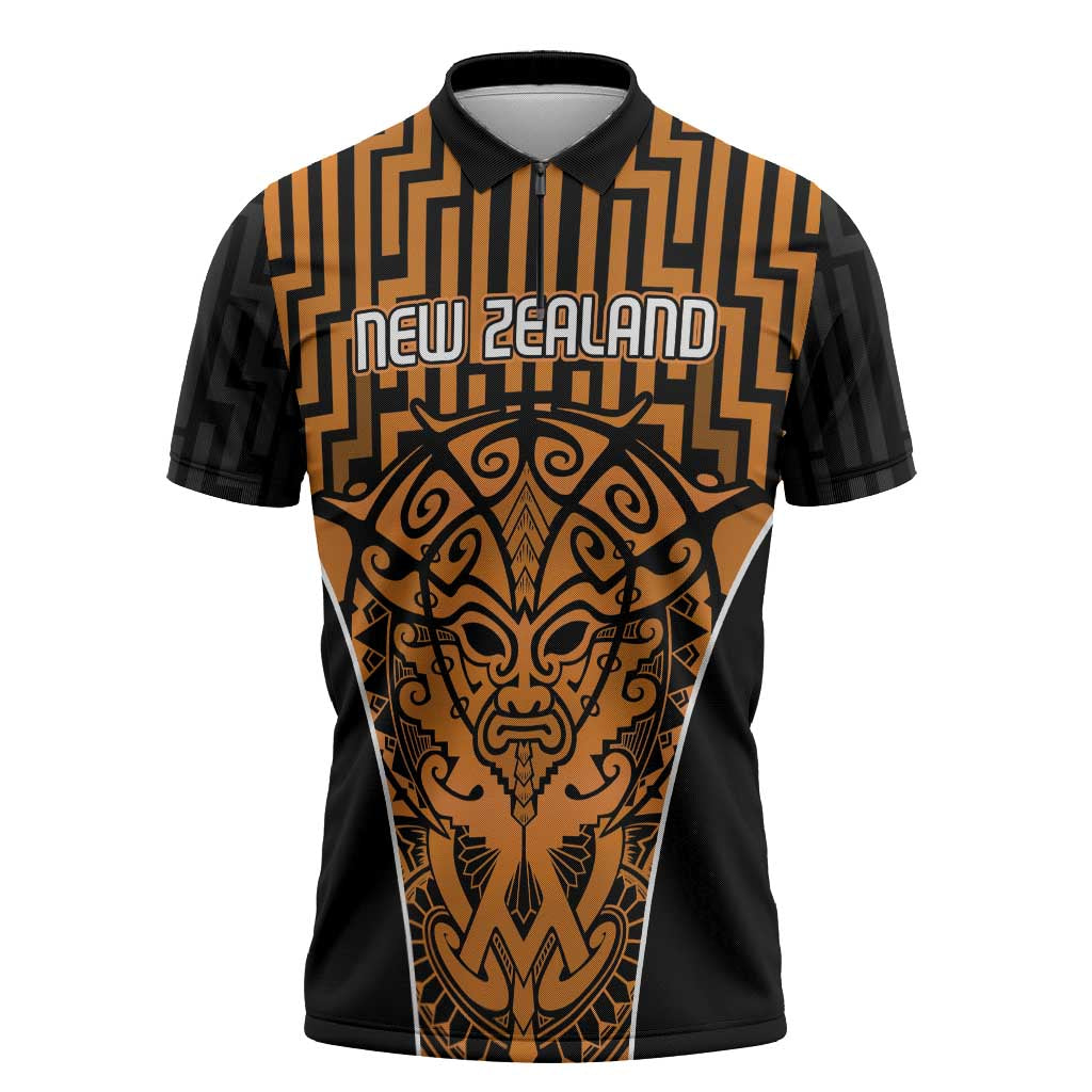 Custom Basketball New Zealand Zipper Polo Shirt Gold Maori Ta Moko Indigenous - Aussie Hoodie