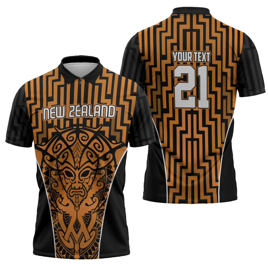 Custom Basketball New Zealand Zipper Polo Shirt Gold Maori Ta Moko Indigenous - Aussie Hoodie