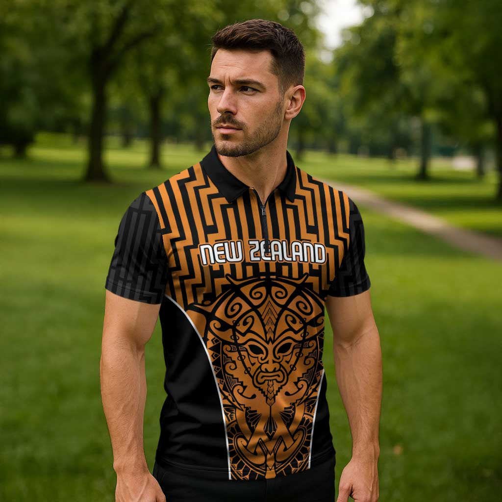 Custom Basketball New Zealand Zipper Polo Shirt Gold Maori Ta Moko Indigenous - Aussie Hoodie