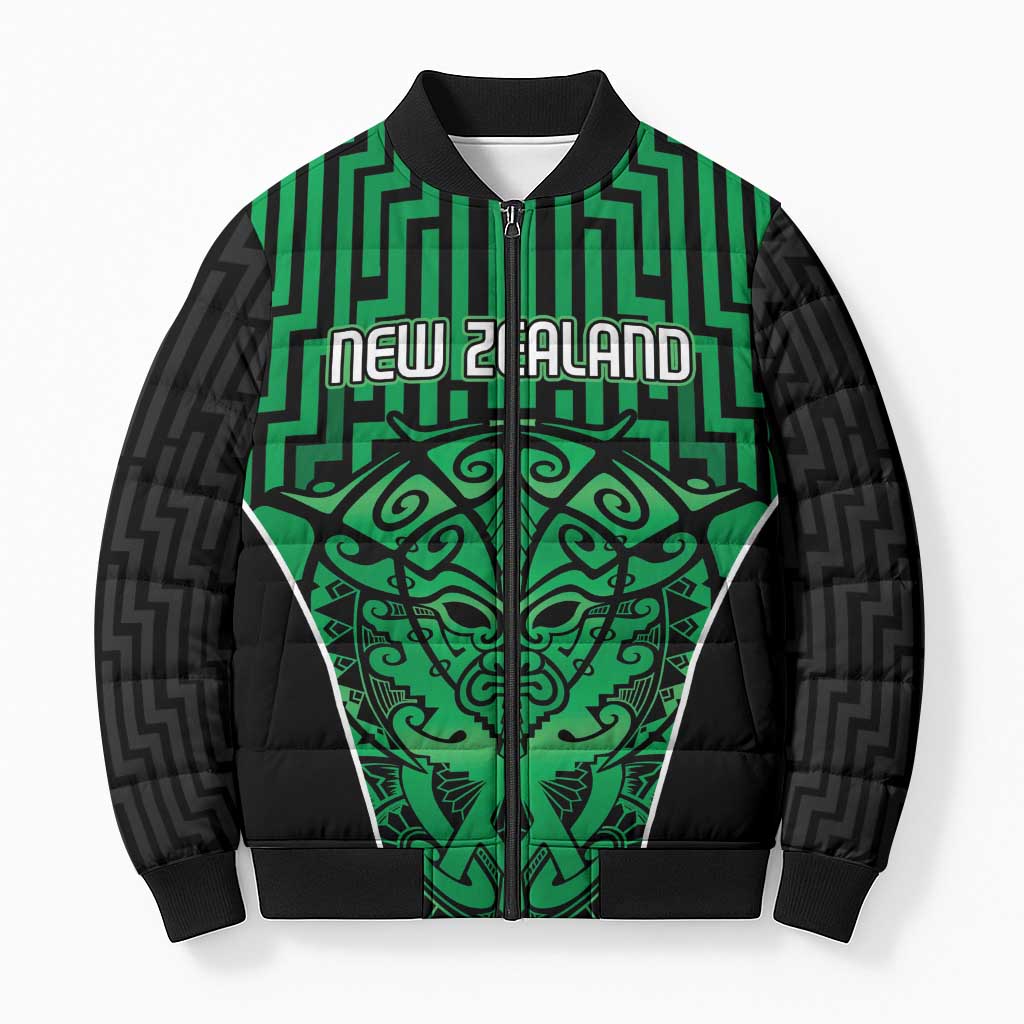 Custom Basketball New Zealand Bomber Puffer Jacket Green Maori Ta Moko Indigenous - Aussie Hoodie