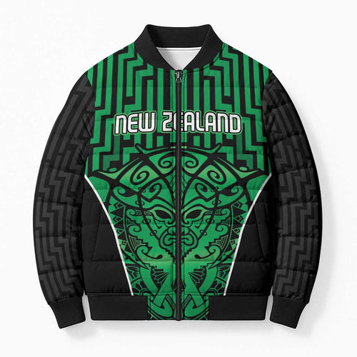 Custom Basketball New Zealand Bomber Puffer Jacket Green Maori Ta Moko Indigenous - Aussie Hoodie