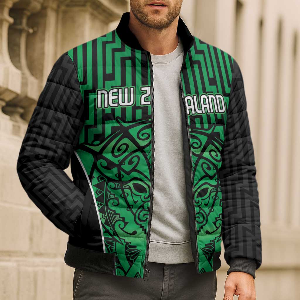 Custom Basketball New Zealand Bomber Puffer Jacket Green Maori Ta Moko Indigenous - Aussie Hoodie