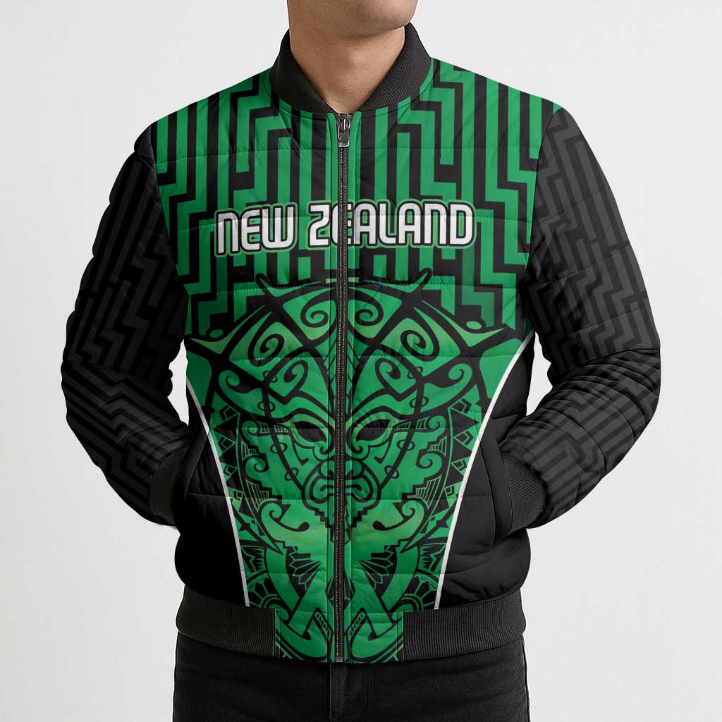 Custom Basketball New Zealand Bomber Puffer Jacket Green Maori Ta Moko Indigenous - Aussie Hoodie