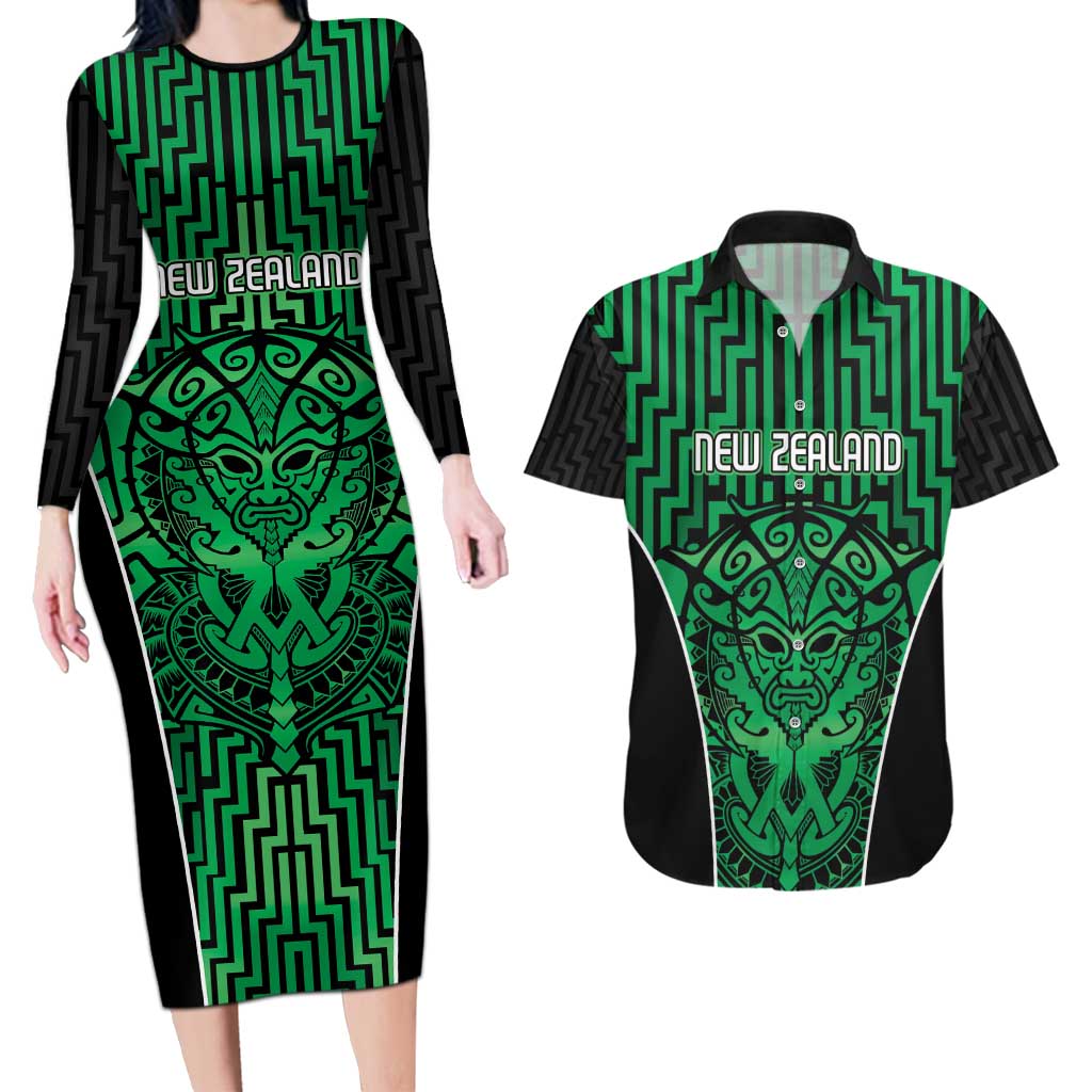 Custom Basketball New Zealand Couples Matching Long Sleeve Bodycon Dress and Hawaiian Shirt Green Maori Ta Moko Indigenous - Aussie Hoodie