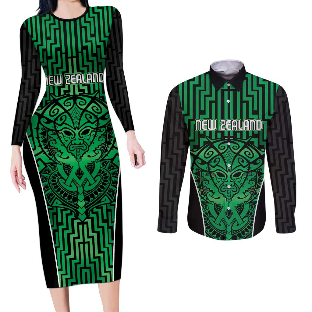 Custom Basketball New Zealand Couples Matching Long Sleeve Bodycon Dress and Long Sleeve Button Shirt Green Maori Ta Moko Indigenous - Aussie Hoodie