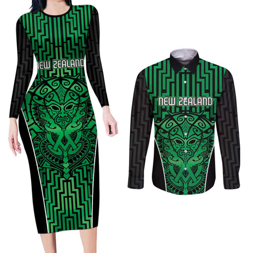 Custom Basketball New Zealand Couples Matching Long Sleeve Bodycon Dress and Long Sleeve Button Shirt Green Maori Ta Moko Indigenous - Aussie Hoodie