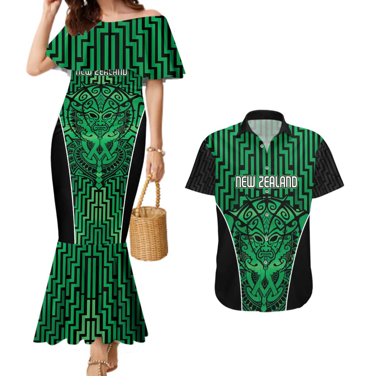 Custom Basketball New Zealand Couples Matching Mermaid Dress and Hawaiian Shirt Green Maori Ta Moko Indigenous - Aussie Hoodie