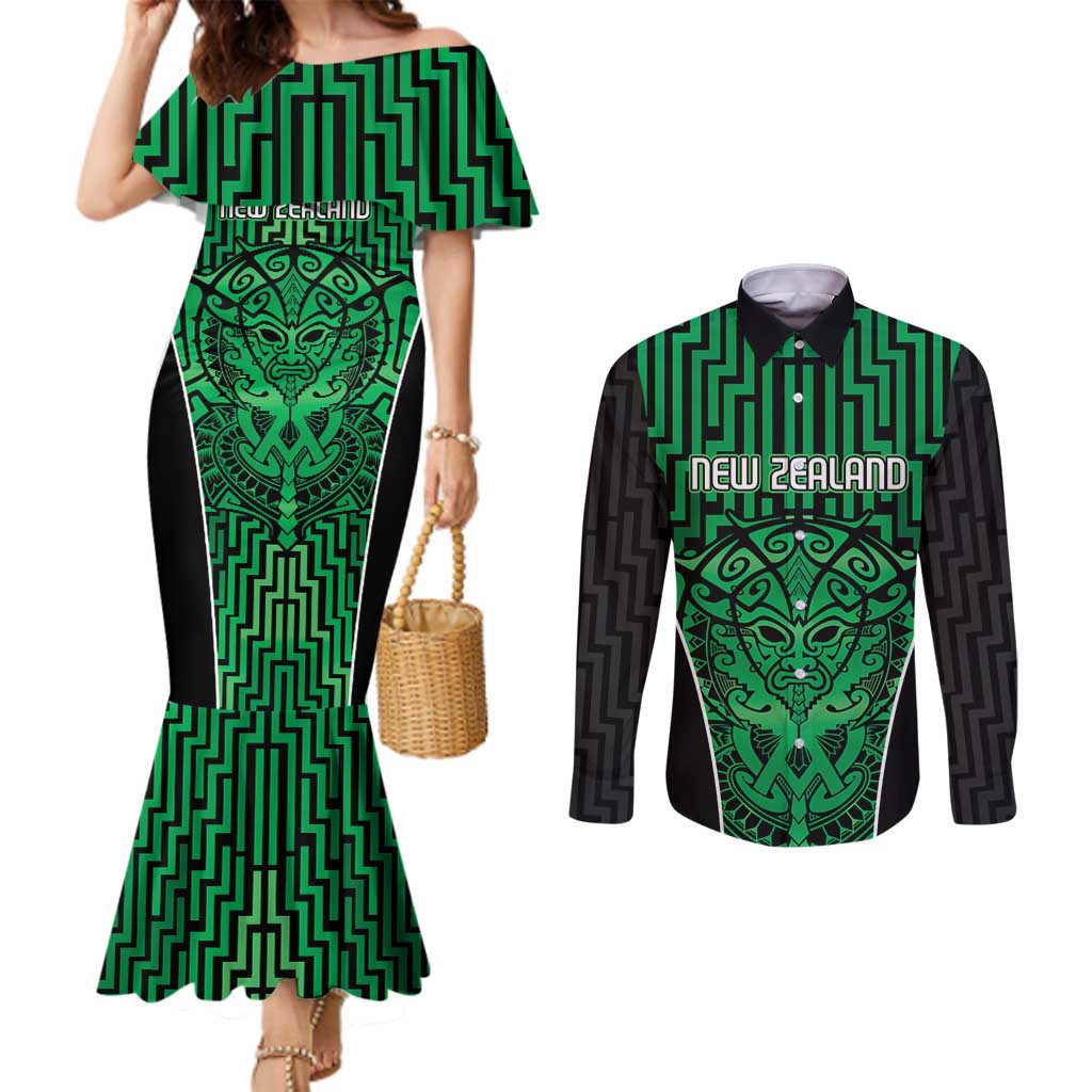 Custom Basketball New Zealand Couples Matching Mermaid Dress and Long Sleeve Button Shirt Green Maori Ta Moko Indigenous - Aussie Hoodie