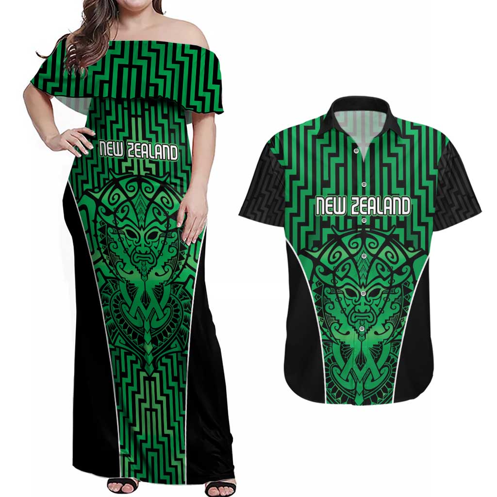 Custom Basketball New Zealand Couples Matching Off Shoulder Maxi Dress and Hawaiian Shirt Green Maori Ta Moko Indigenous - Aussie Hoodie