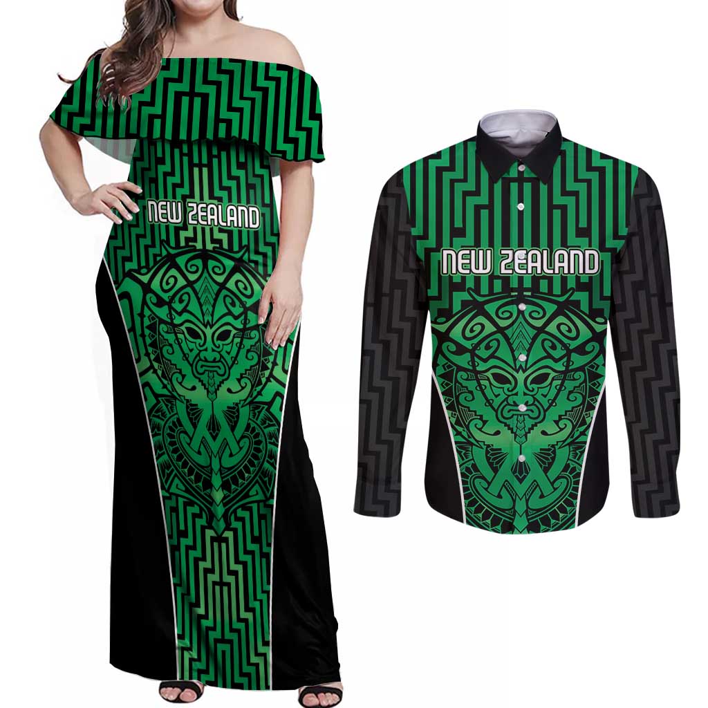 Custom Basketball New Zealand Couples Matching Off Shoulder Maxi Dress and Long Sleeve Button Shirt Green Maori Ta Moko Indigenous - Aussie Hoodie