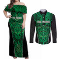 Custom Basketball New Zealand Couples Matching Off Shoulder Maxi Dress and Long Sleeve Button Shirt Green Maori Ta Moko Indigenous - Aussie Hoodie
