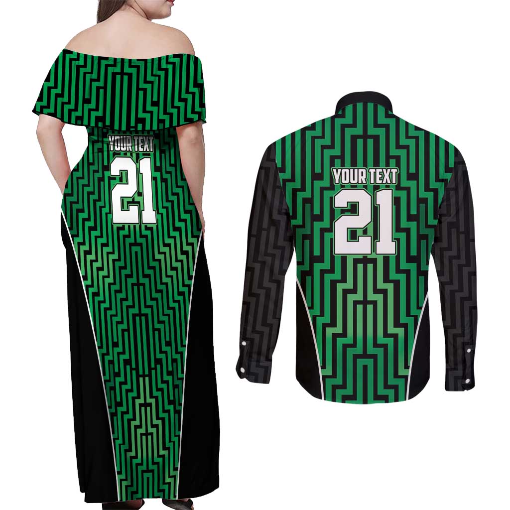 Custom Basketball New Zealand Couples Matching Off Shoulder Maxi Dress and Long Sleeve Button Shirt Green Maori Ta Moko Indigenous - Aussie Hoodie