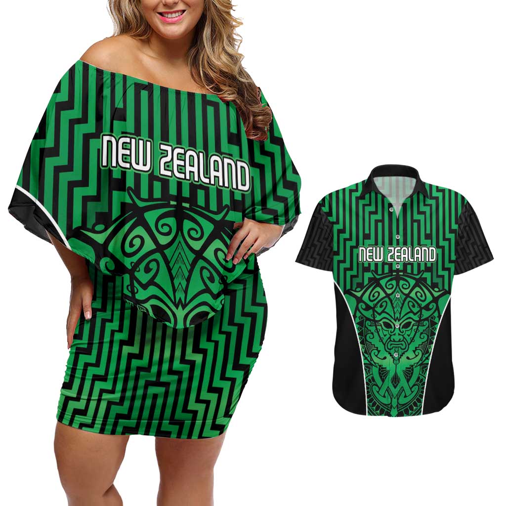 Custom Basketball New Zealand Couples Matching Off Shoulder Short Dress and Hawaiian Shirt Green Maori Ta Moko Indigenous - Aussie Hoodie