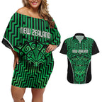 Custom Basketball New Zealand Couples Matching Off Shoulder Short Dress and Hawaiian Shirt Green Maori Ta Moko Indigenous - Aussie Hoodie