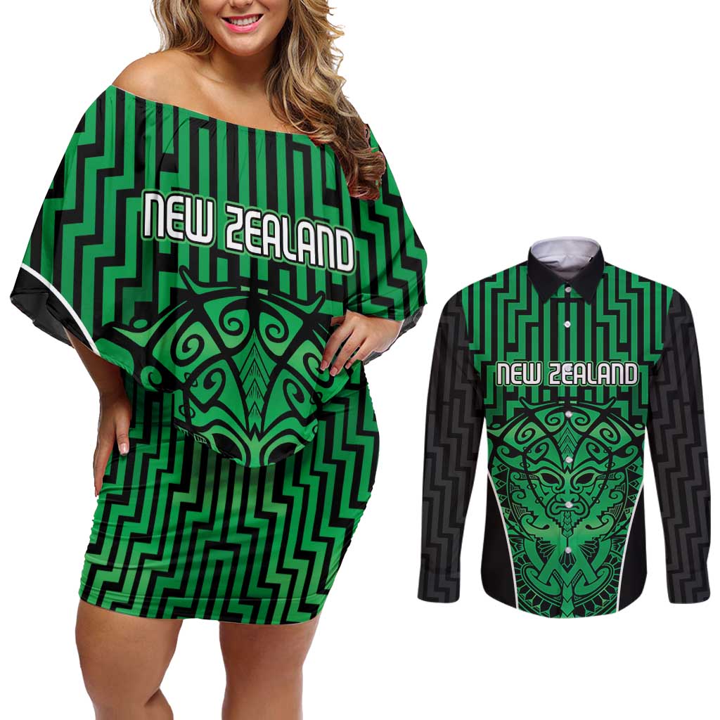 Custom Basketball New Zealand Couples Matching Off Shoulder Short Dress and Long Sleeve Button Shirt Green Maori Ta Moko Indigenous - Aussie Hoodie