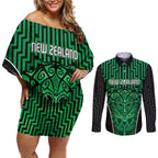 Custom Basketball New Zealand Couples Matching Off Shoulder Short Dress and Long Sleeve Button Shirt Green Maori Ta Moko Indigenous - Aussie Hoodie