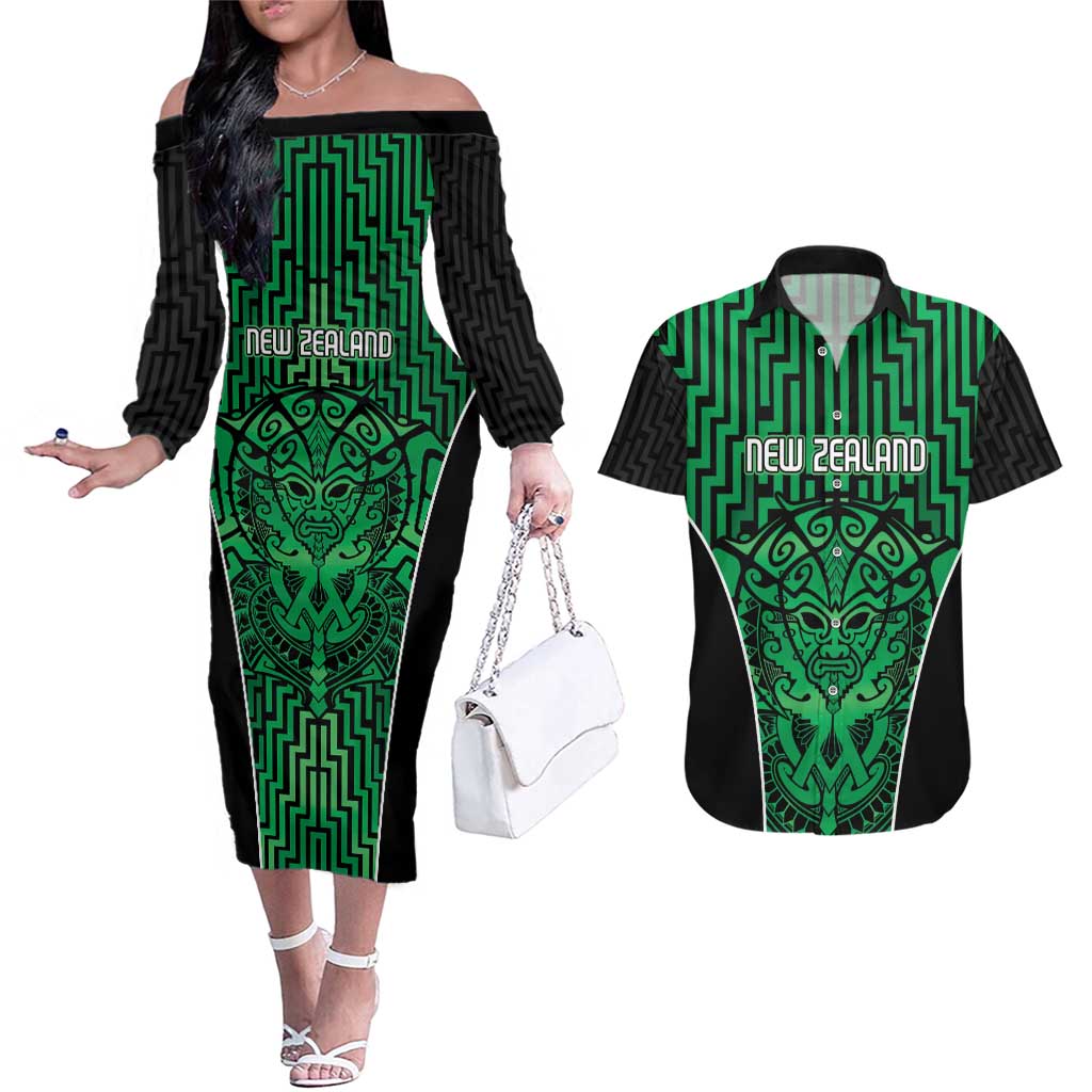 Custom Basketball New Zealand Couples Matching Off The Shoulder Long Sleeve Dress and Hawaiian Shirt Green Maori Ta Moko Indigenous - Aussie Hoodie