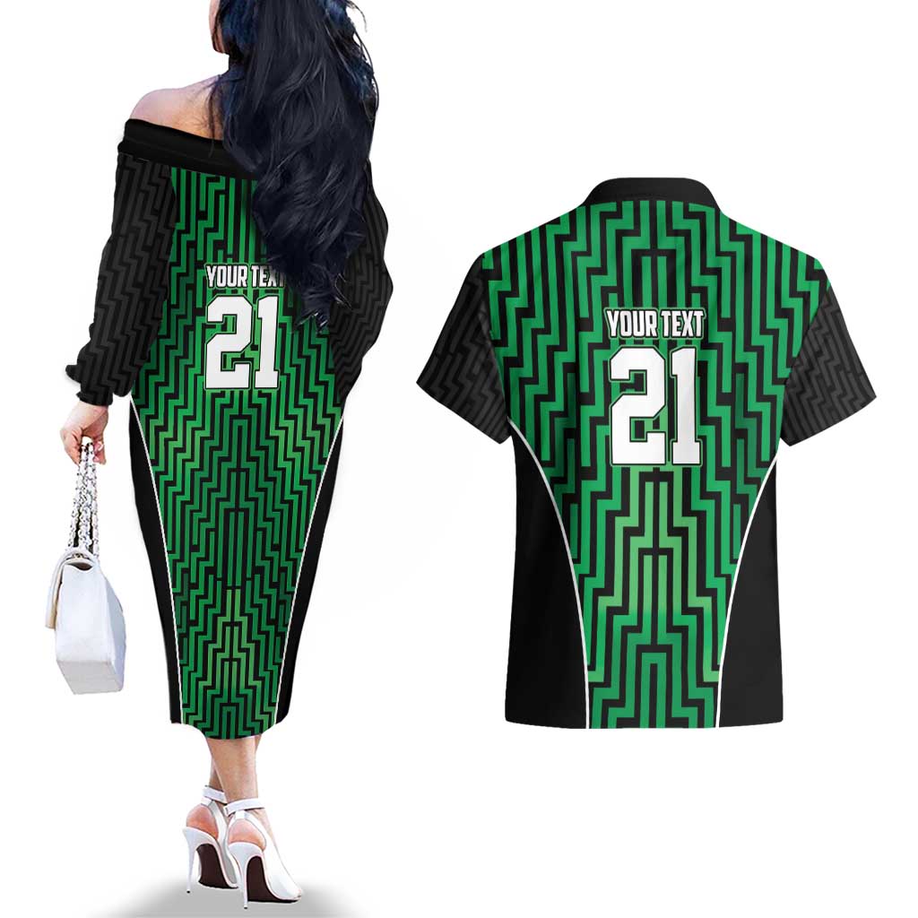 Custom Basketball New Zealand Couples Matching Off The Shoulder Long Sleeve Dress and Hawaiian Shirt Green Maori Ta Moko Indigenous - Aussie Hoodie