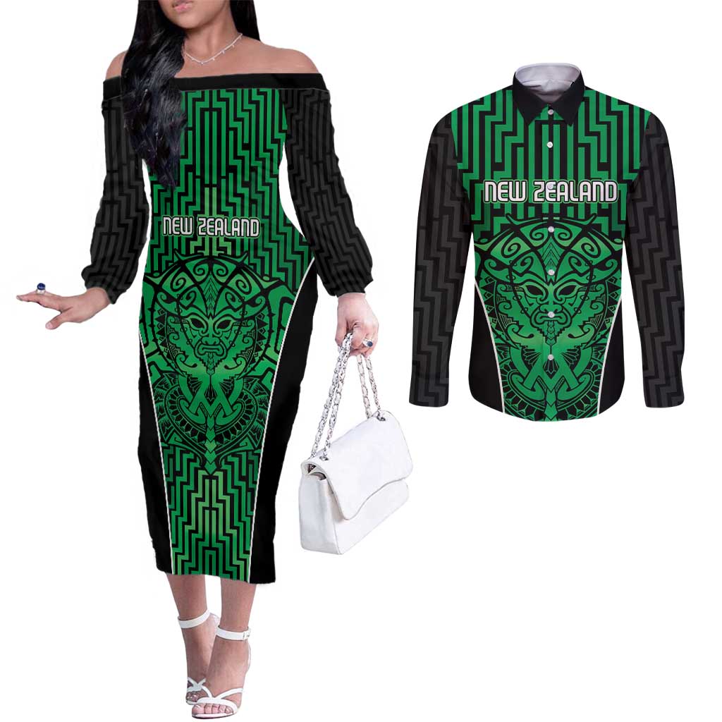 Custom Basketball New Zealand Couples Matching Off The Shoulder Long Sleeve Dress and Long Sleeve Button Shirt Green Maori Ta Moko Indigenous - Aussie Hoodie