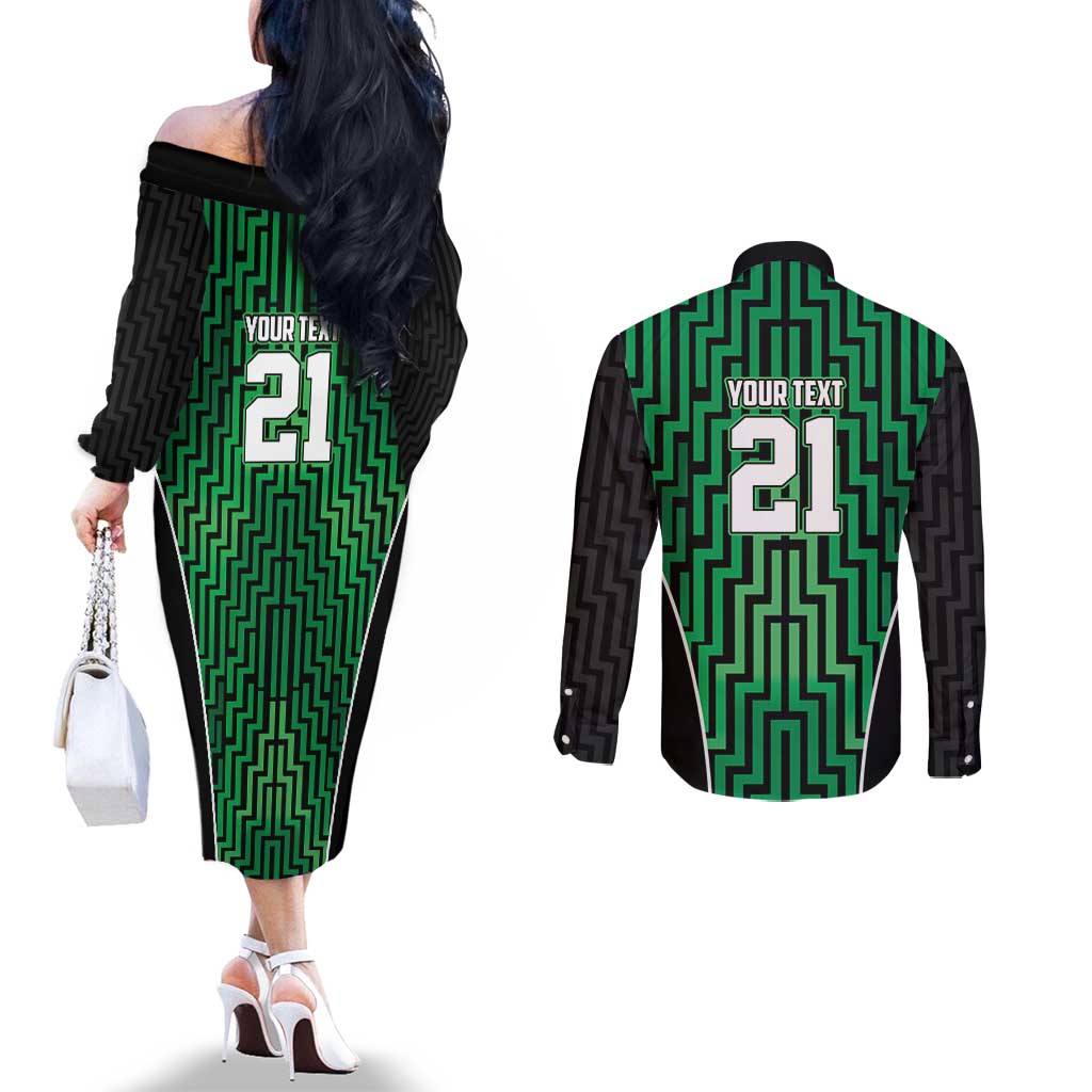 Custom Basketball New Zealand Couples Matching Off The Shoulder Long Sleeve Dress and Long Sleeve Button Shirt Green Maori Ta Moko Indigenous - Aussie Hoodie