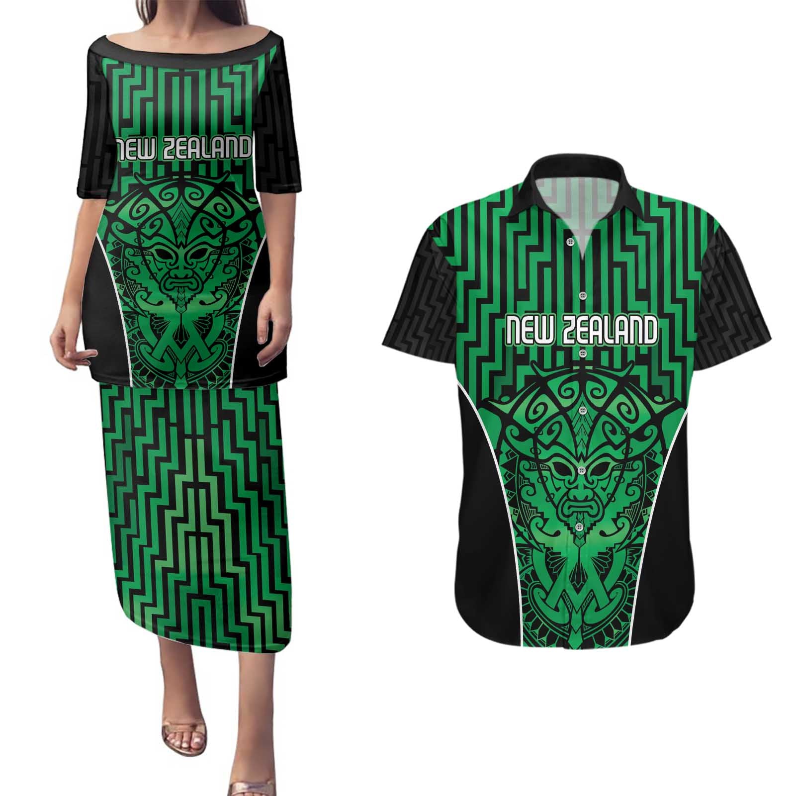 Custom Basketball New Zealand Couples Matching Puletasi and Hawaiian Shirt Green Maori Ta Moko Indigenous - Aussie Hoodie