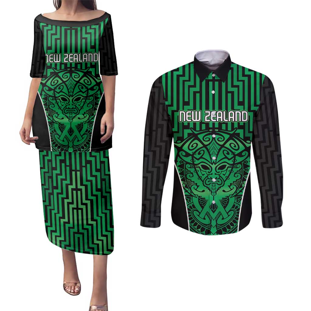 Custom Basketball New Zealand Couples Matching Puletasi and Long Sleeve Button Shirt Green Maori Ta Moko Indigenous - Aussie Hoodie