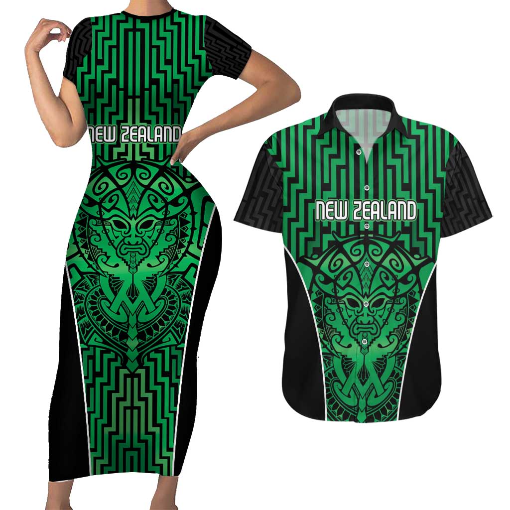 Custom Basketball New Zealand Couples Matching Short Sleeve Bodycon Dress and Hawaiian Shirt Green Maori Ta Moko Indigenous - Aussie Hoodie