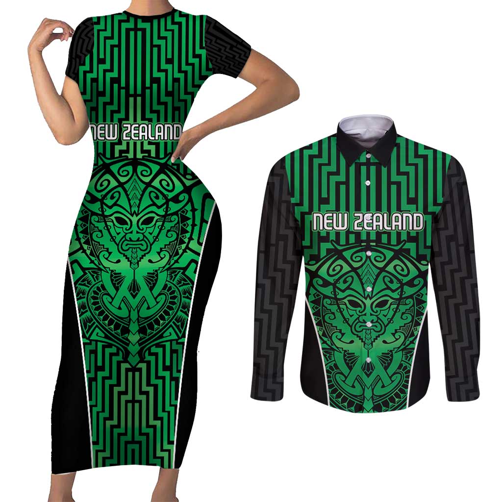 Custom Basketball New Zealand Couples Matching Short Sleeve Bodycon Dress and Long Sleeve Button Shirt Green Maori Ta Moko Indigenous - Aussie Hoodie