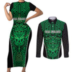 Custom Basketball New Zealand Couples Matching Short Sleeve Bodycon Dress and Long Sleeve Button Shirt Green Maori Ta Moko Indigenous - Aussie Hoodie