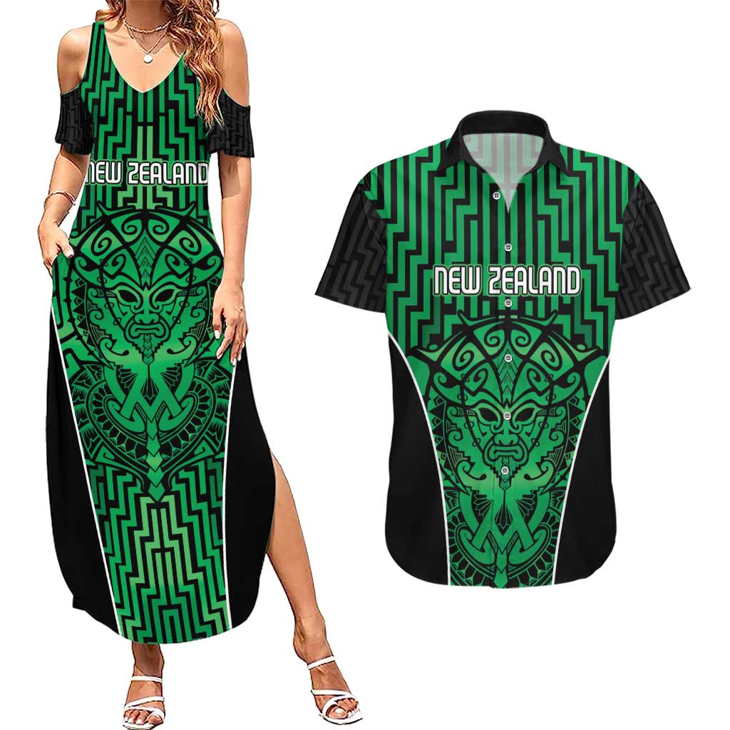 Custom Basketball New Zealand Couples Matching Summer Maxi Dress and Hawaiian Shirt Green Maori Ta Moko Indigenous - Aussie Hoodie
