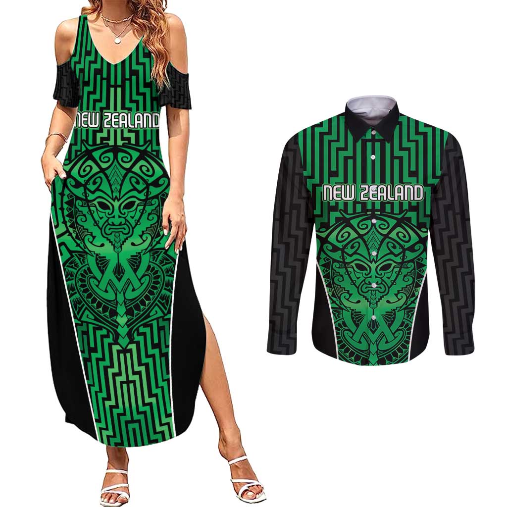 Custom Basketball New Zealand Couples Matching Summer Maxi Dress and Long Sleeve Button Shirt Green Maori Ta Moko Indigenous - Aussie Hoodie