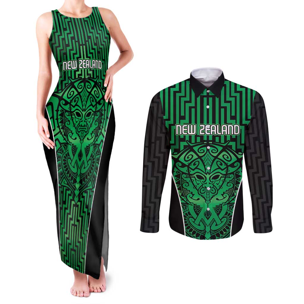Custom Basketball New Zealand Couples Matching Tank Maxi Dress and Long Sleeve Button Shirt Green Maori Ta Moko Indigenous - Aussie Hoodie