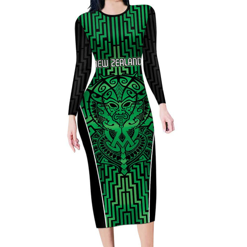 Custom Basketball New Zealand Family Matching Long Sleeve Bodycon Dress and Hawaiian Shirt Green Maori Ta Moko Indigenous - Aussie Hoodie