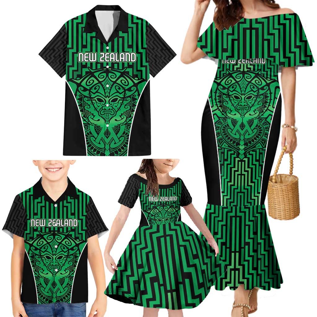 Custom Basketball New Zealand Family Matching Mermaid Dress and Hawaiian Shirt Green Maori Ta Moko Indigenous - Aussie Hoodie